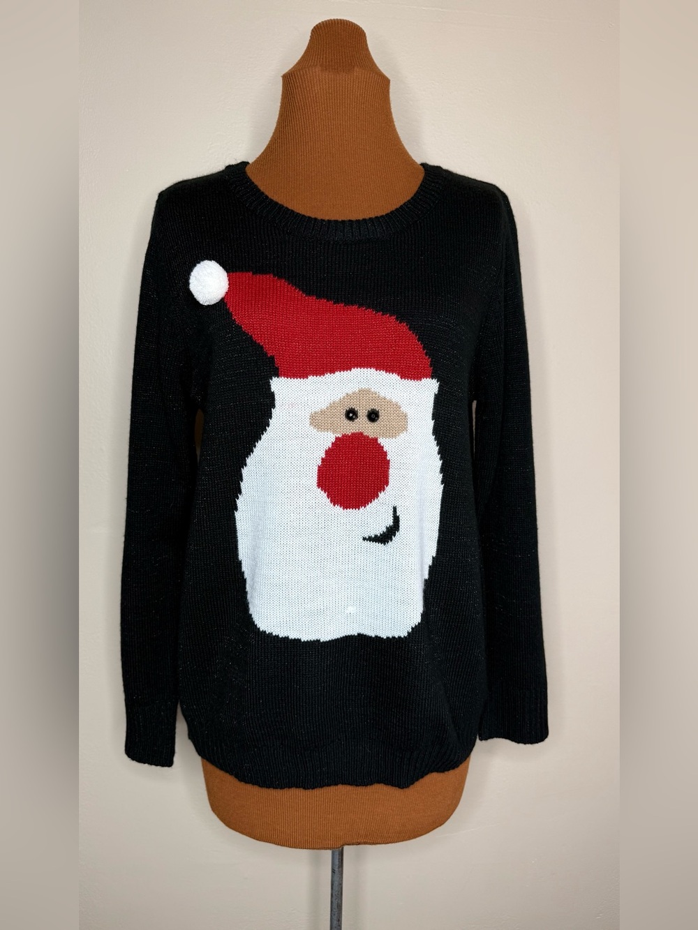 Santa Face Pom-Pom & Jeweled Eyes Christmas Holiday Sweater Size XL